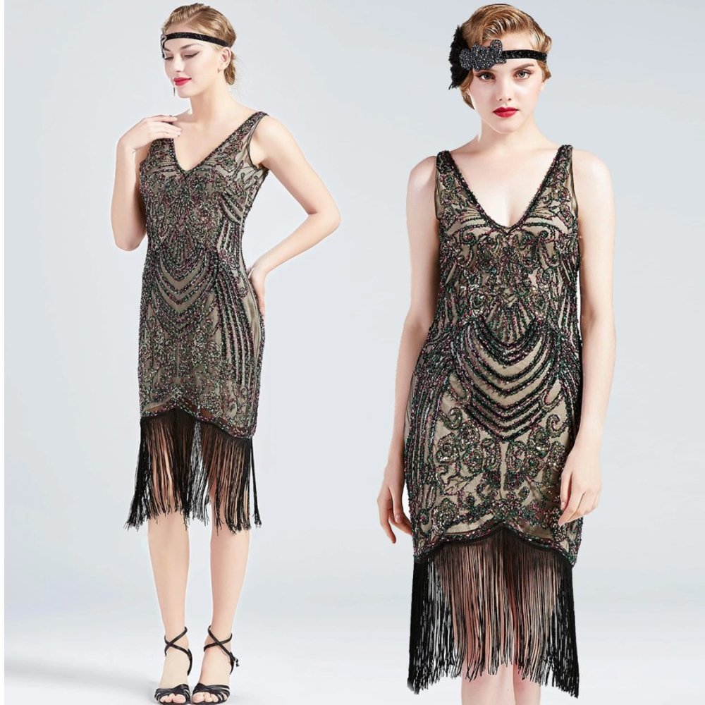 NWT rainbow sequin beaded deco flapper dress